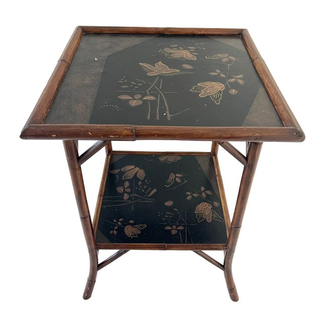 Palacek Edwardian "Art De Chine" Black Lacquer and Bamboo End Table For Sale