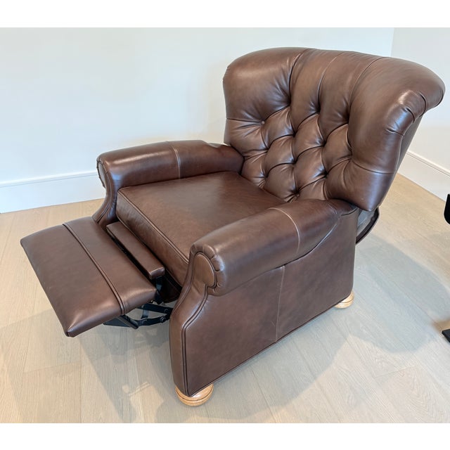 English Ethan Allen Cromwell Tufted Wingback Chesterfield Recliner in Brown Leather For Sale - Image 3 of 12