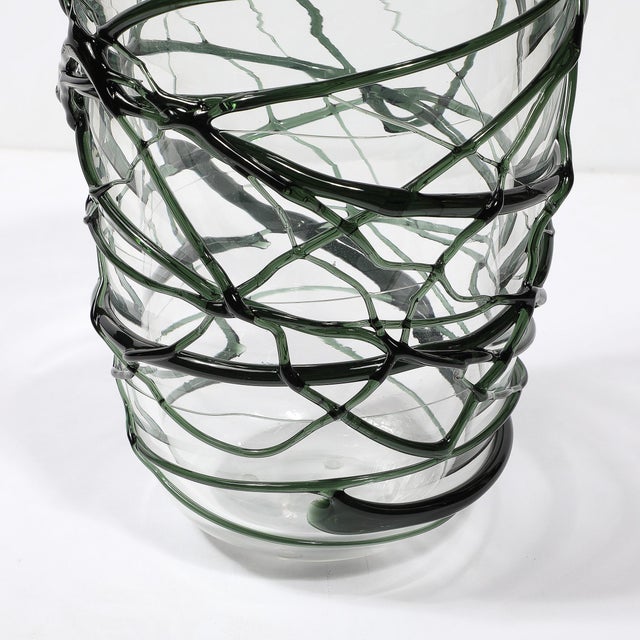 Hand-Blown Murano Glass Vase With Organic Viridian Green Sculptural Striations For Sale - Image 11 of 14