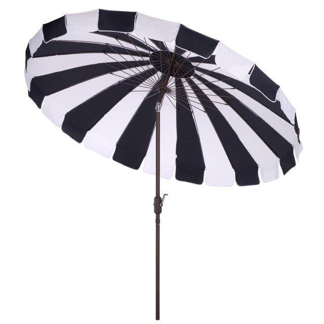 Metal Buti 9 Ft Crank Umbrella, Navy Cabana Stripe/Brown Pole For Sale - Image 7 of 9