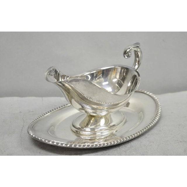 Vintage Crescent Victorian Silver Plated Gravy Sauce Boat on Attached Dish Plate For Sale - Image 10 of 12