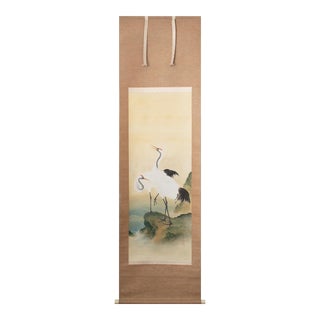 Early 20th C. Meiji to Early Showa Era Japanese Watercolor Scroll "Two Red-Crowned Cranes at the Sea" For Sale