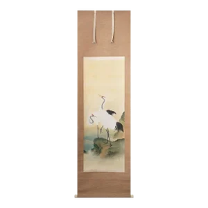 Early 20th C. Meiji to Early Showa Era Japanese Watercolor Scroll "Two Red-Crowned Cranes at the Sea"