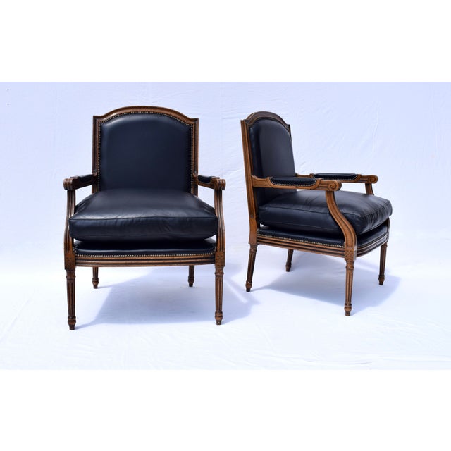 French Louis Xvi Style Leather Fauteuil Chairs For Sale - Image 3 of 12
