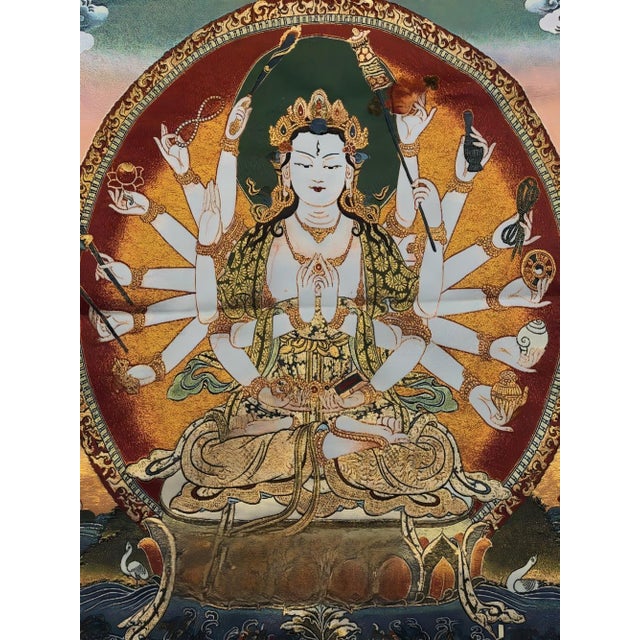 Mid 20th Century Mid 20th Century Xizang Embroidery and Brocade Thangka Buddha Painting - Wrathful Deity Protector Wall Art - Hand Painted Buddhist Sacred Scroll For Sale - Image 5 of 6