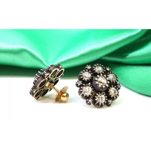 Gold and Silver Earrings with Rose Cut Diamonds and Chips, Set of 2 For Sale - Image 3 of 8