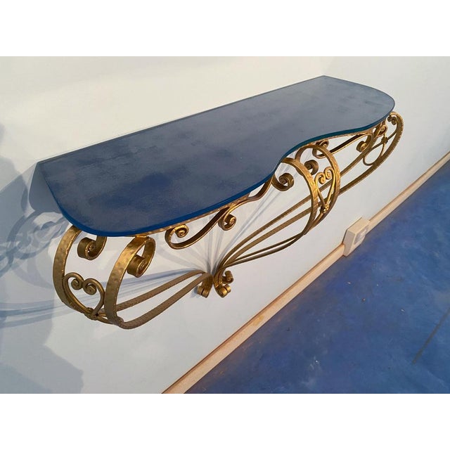 Blue Mid-Century Italian Blue Glass Gold Iron Console Table by Pier Luigi Colli, 1950 For Sale - Image 8 of 16