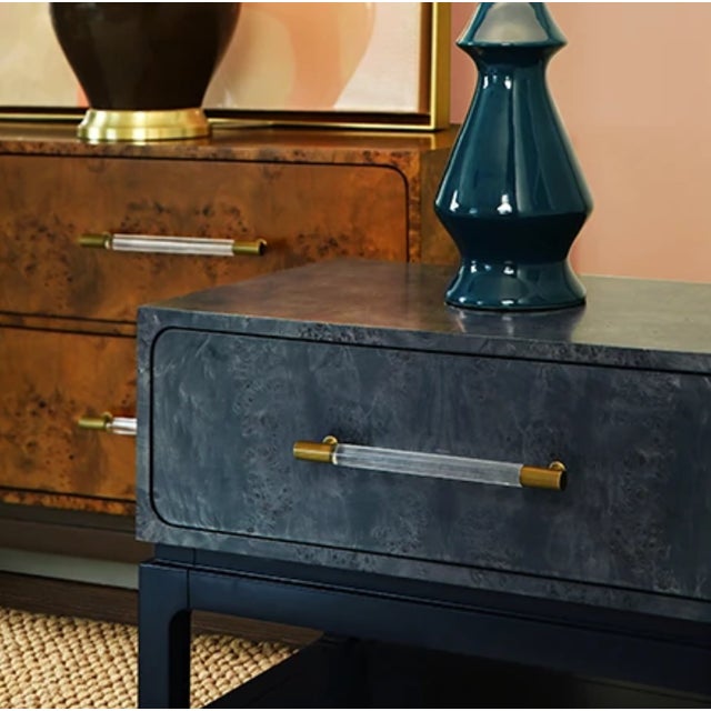 Brand new special order item. Not vintage. Elegant side table featuring a rich navy burl wood top that showcases natural...