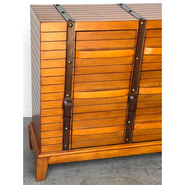 French Moderne Style Leather-Strapped Six-Drawer Chest Manner of Jacques Adnet For Sale In West Palm - Image 6 of 14
