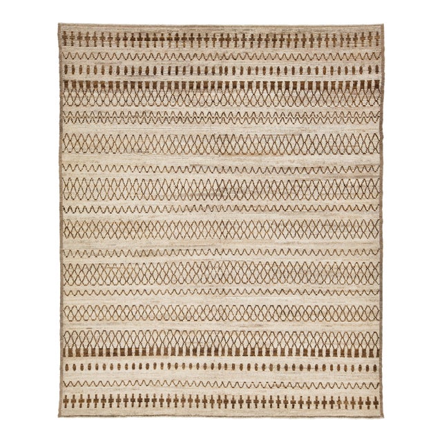 10 X 12 Modern Moroccan Wool Rug in Brown With Geometric Tribal Motifs For Sale