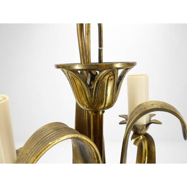 Art Deco Style 3-Arm Chandelier in Gilded Brass, with Foliage and Scroll Motifs, 1950 For Sale - Image 6 of 8