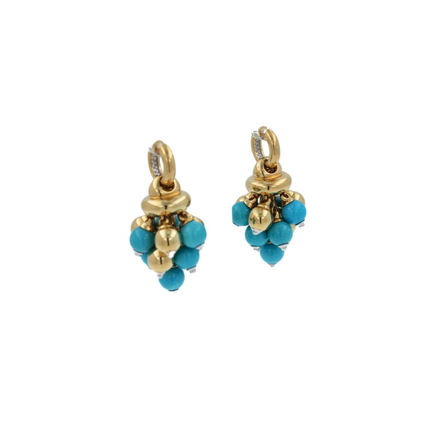 Metal Blue Turquoise Diamonds Golden Sphere Bells Motif Two Tone Gold Huggie Earrings, A Pair For Sale - Image 7 of 14