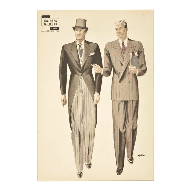 1937 Men's Tailoring Fashion Lithograph, Matted For Sale
