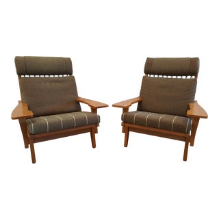 1970s Vintage Hans Wegner Getama Tall Rope Back Teak Lounge Chairs- A Pair For Sale
