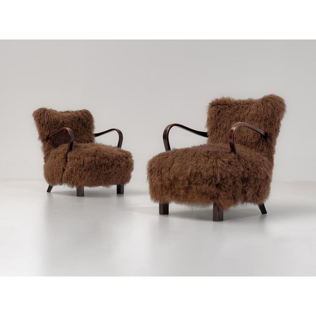 Art Deco Scandinavian Armchairs in Curly Caramel Brown Mongolian Sheepskin, 1950s, Set of 2 For Sale - Image 11 of 11