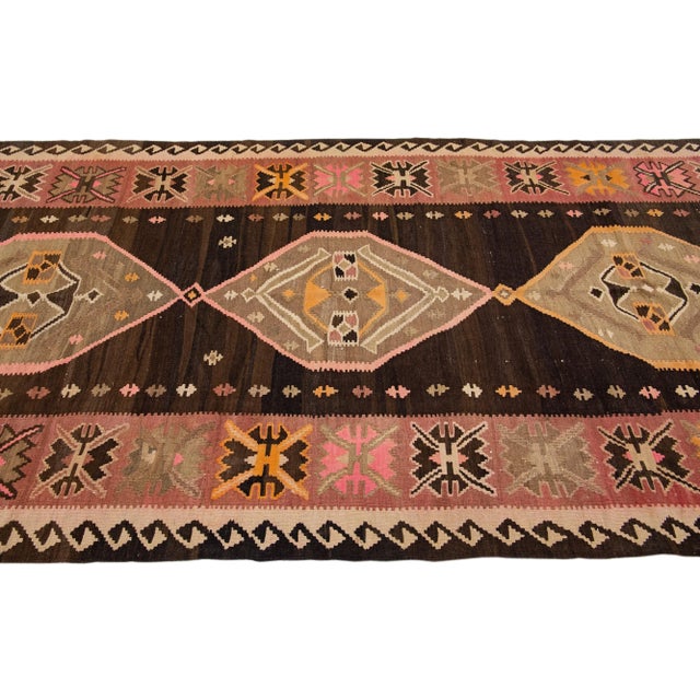 1960s 1960s Vintage Turkish Kilim Brown Handmade Tribal Wool Runner For Sale - Image 5 of 10