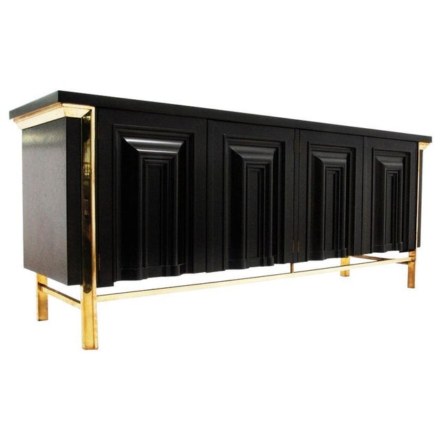 Metal Breathtaking Black Lacquered and Brass Credenza or Sideboard by Mastercraft For Sale - Image 7 of 7