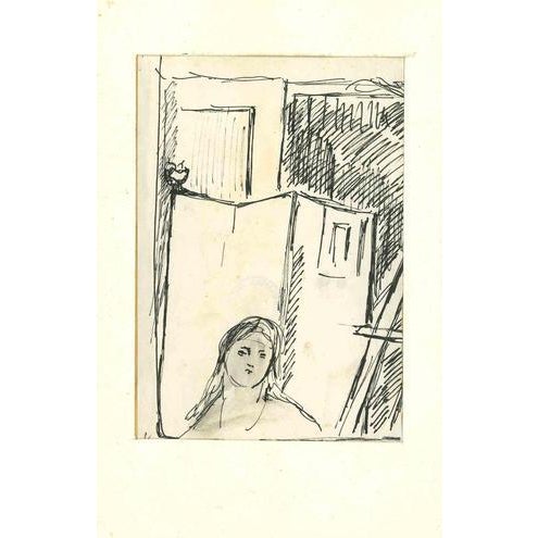 Figure in an Interior is an original pen drawing realized by Herta Hausmann. Good condition on a yellowed paper, tear...
