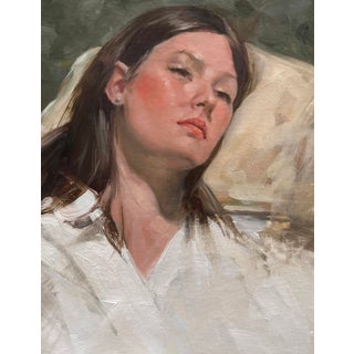 Pensive by Barbara Hack | Oil on linen Portrait of a woman resting with closed eyes. For Sale