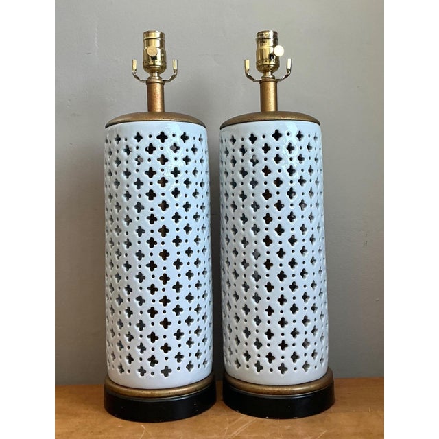 Vintage Perforated Ceramic Table Lamps - Pair For Sale - Image 12 of 13