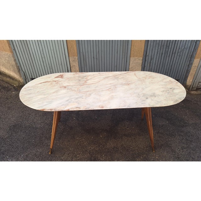 Dining Table with Wooden Base, Brass Finishes and Marble Top, 1950s, in Very Good conditions. Designed 1950 to 1959