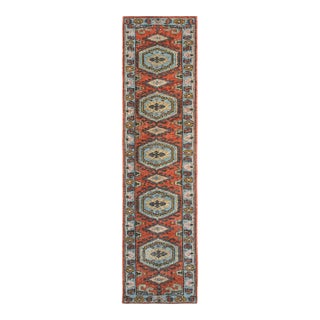 2.6x18Ft. Brunt Orange Light Blue Persian Design Inspired Hand Knotted Wool Runner Rug For Sale