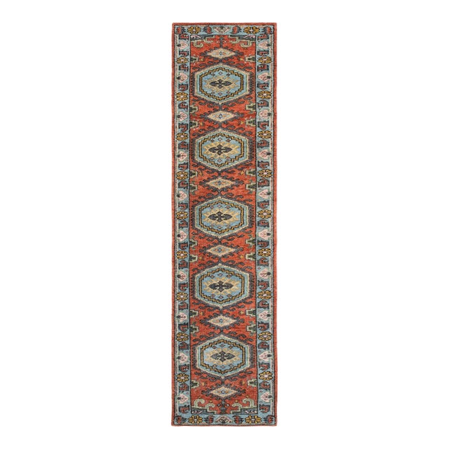 2.6x18Ft. Brunt Orange Light Blue Persian Design Inspired Hand Knotted Wool Runner Rug For Sale