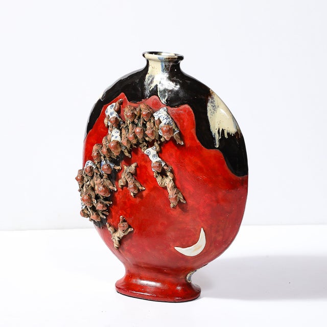 Sumida Gawa Vermillion Red Glazed Pottery Vase W/ Clustered Sculptural Primates For Sale In New York - Image 6 of 12