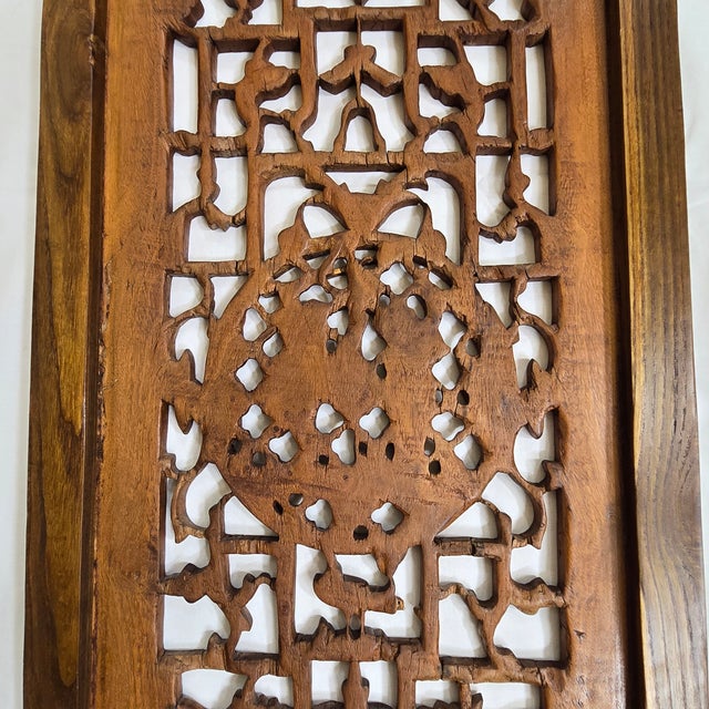 Antique Hand Carved Wood Wall Pierced Fretwork Panel With Figural Central Medallion For Sale - Image 11 of 18