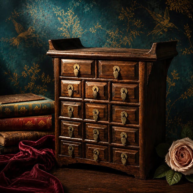 A charming and functional tabletop apothecary cabinet crafted from richly grained dark wood. Featuring 14 individual...