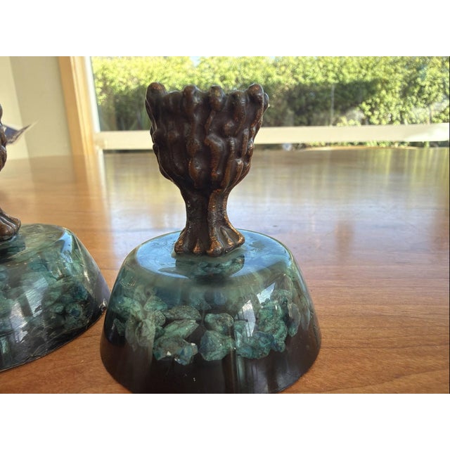 Mid-Century Modern Vintage MCM Resin Malachite Chip Candlestick Holders w Metal Candle Cups – Pair For Sale - Image 3 of 6