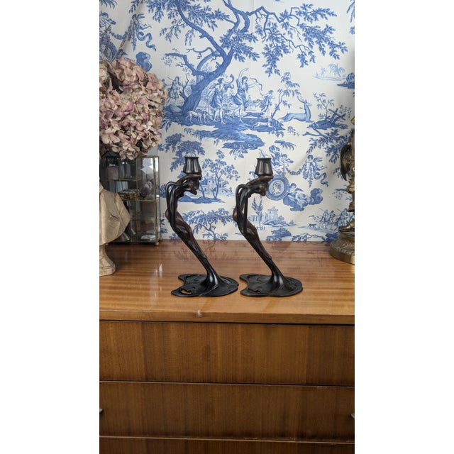 Art Nouveau Style Bronze Nymph Candelabras from MoMA, 1988, Set of 2 For Sale - Image 14 of 17