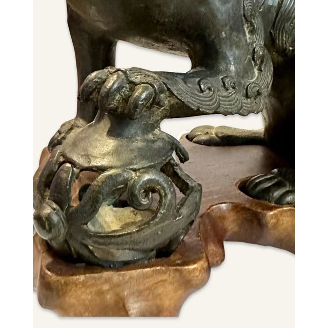 Pair of 17th Century Late Ming Bronze Foo Dogs With Stands For Sale - Image 6 of 13