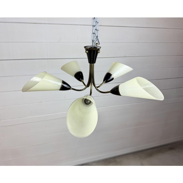 Mid-Century Modern 5-Arm Brass Chandelier with White Glass Cone Shades, 1960s For Sale - Image 4 of 9