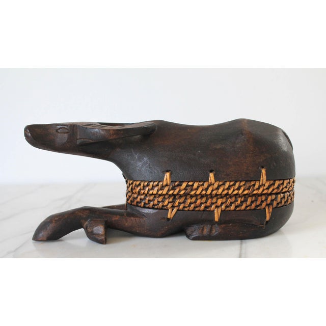 Mid 20th Century Vintage Hand Carved Wood & Rattan Water Buffalo Trinket Box For Sale - Image 5 of 12