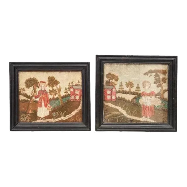 19th Century Needlework Pictures of a Girl in Landscape Needlepoint - a Pair For Sale