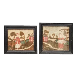 19th Century Needlework Pictures of a Girl in Landscape Needlepoint - a Pair