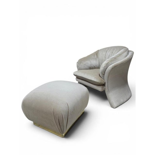 MCM Attributed to Karl Springer Brass Base Pouf Ottoman Newly Reupholstered For Sale - Image 9 of 10