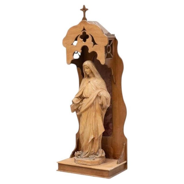 Large Traditional Figure of a Virgin in Wood Niche, 1950 For Sale - Image 14 of 14