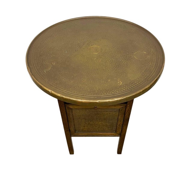 Vintage Arts & Crafts Side Table With Hammered Brass Tray Top and Glass Display Cabinet For Sale - Image 4 of 11