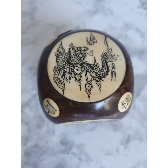 1910s Antique Chinese Scrimshaw Inlaid Rosewood Fortune Zodiac Cube For Sale - Image 5 of 10