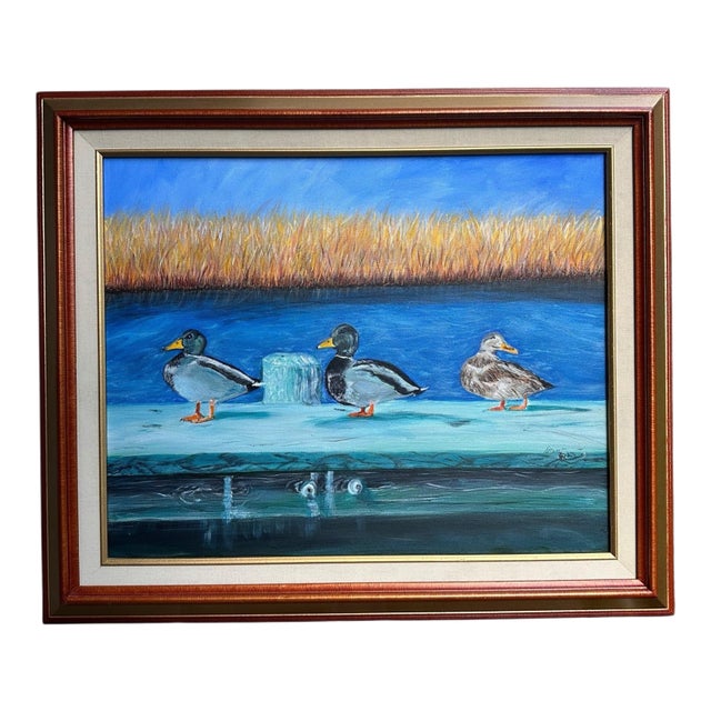 Vintage Original Mallard Duck Decoy Acrylic Painting on Canvas - Framed With Linen Mat, Signed For Sale
