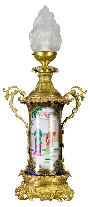 Large Chinoiserie Style French Gilt Bronze and Hand Painted Porcelain Table Lamp