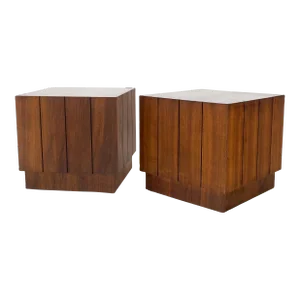 Walnut Mid-Century Modern Cube Shape Side End Tables Stands - A Pair