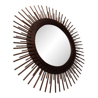 1990s Wall Round Mirror With Dark Stain Wicker Frame For Sale