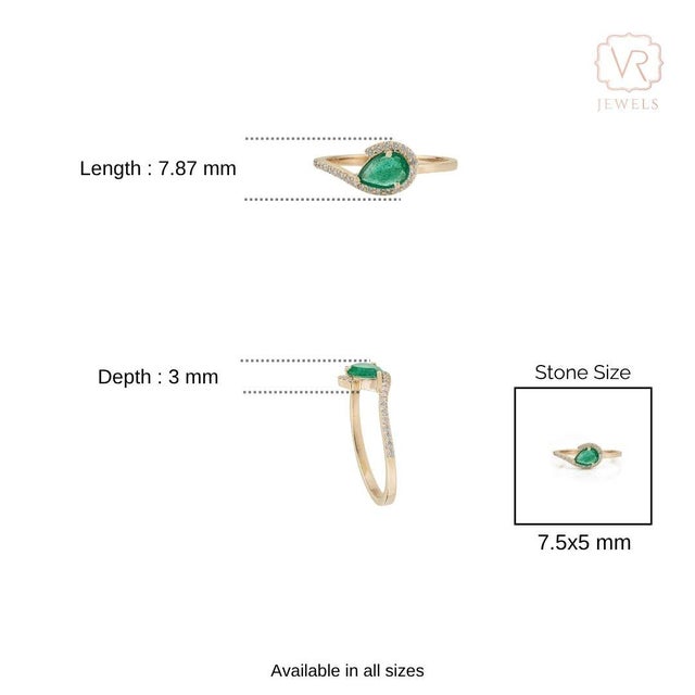 Modernist Pear Shape Emerald & Diamond Halo Ring in 14k Yellow Gold Size 6.5 For Sale - Image 12 of 17