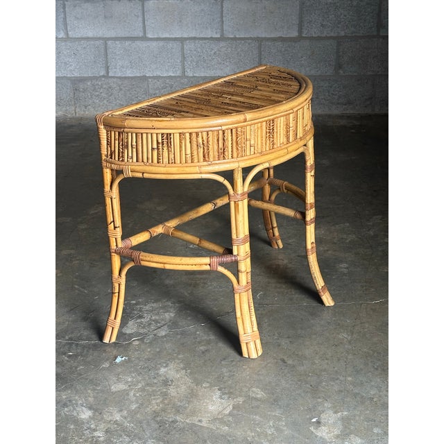 1970s Burnt Bamboo and Rattan Demilune Console Table For Sale In Philadelphia - Image 6 of 12