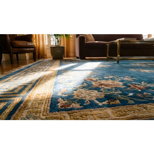 Magistral Ink Blue Color and Different Floral Desing Antique Chinese Art Deco Rug For Sale - Image 16 of 17