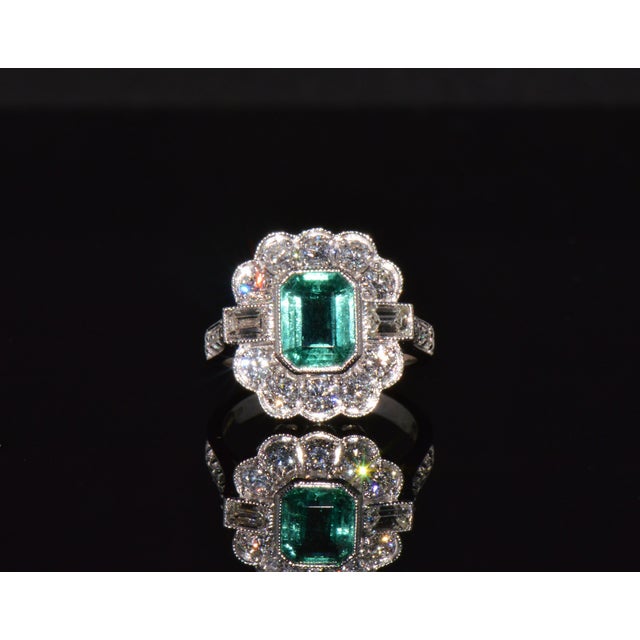 Gia Certified 2.53ct Natural Zambian Emerald & Diamond Halo Milgrain 18k White Gold Ring, Size 5 For Sale - Image 10 of 16