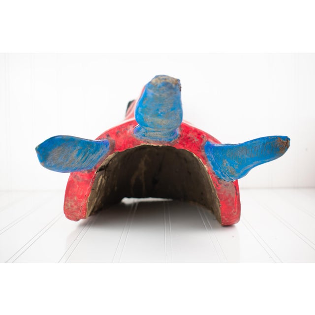 Large Vintage Hand Carved Red Diablo Costume Mask With Beard & Blue Feathers For Sale - Image 11 of 18